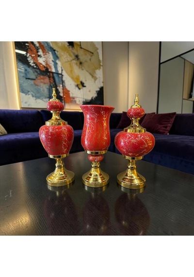 Royal Red Marble Dekoratif Vazo & Obje Seti Gold Detaylı Lüks Salon Aksesuarı 3 Lü