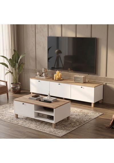 Robin Home Alaska Tv Ünitesi Orta Sehpa Ahşap Ayaklı 2'li Set Sepet-beyaz