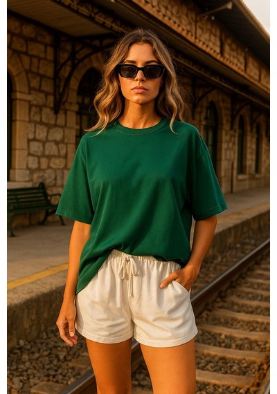 Kadın Yeşil %100 Pamuk Oversize Basic Tişört Rahat Kalıp Relaxed Bisiklet Yaka T-shirt Çok Renkli