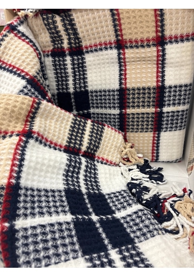 Sesli Comfort Lacivert Bej Kırmızı Skoç Pamuk Örme Battaniye 200x220 Çift Kişilik Battal Diğer