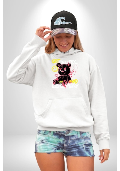 Dışarı Çık Ve Oynayalım Teddy Kadın Erkek Beyaz Kapüşonlu Sweatshirt Hoodie Beyaz