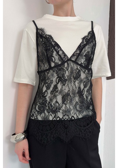 Verymoda Penye Tunik Üstü Dantel Kısa Elbise D3009 Krem