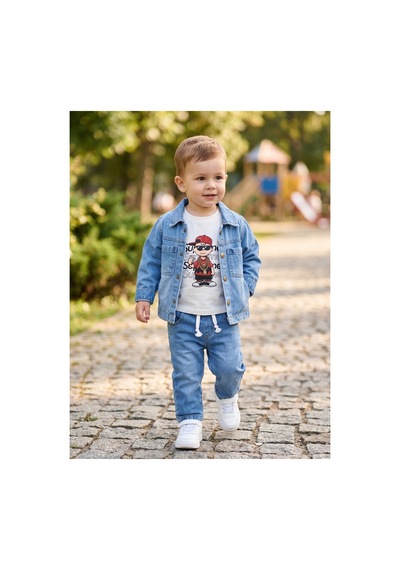 Deniva Kids Erkek Bebek Kot Ceket Sweatshirt Ve Pantolon 3'lü Kot Takım Baskılı Sweat Takım Mavi