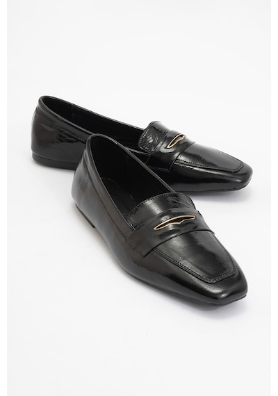 Luvishoes Luvi Shoes Irıdessa Siyah Rugan Hakiki Deri Tokalı Küt Burun Kadın Loafer Ayakkabı SİYAH RUGAN