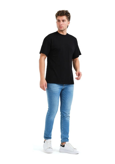 Justever 100% Pamuk Oversize Fit Bisiklet Yaka Siyah Erkek T-shirt - Alpha SIYAH Siyah