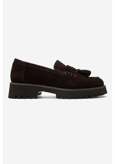 Luvi Shoes Poen Kahverengi Süet Hakiki Deri Püsküllü Kadın Loafer Ayakkabı