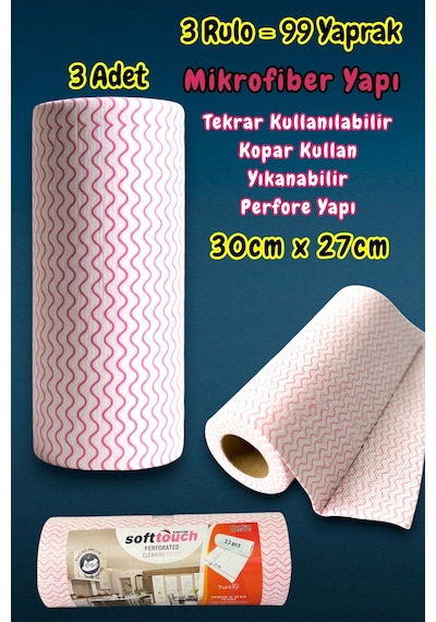 Technow Softtex 33 Yaprak Kopar Kullan Rulo Hassas Temizlik Bezi 27x30cm 3 Adet Pembe