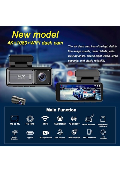 Coverzone Mını Çift Lensli Wifi Gps Dash Kamera - 4k Ön Kamera & 1080p Arka Kamera, Gece Görüşü, Park Modu, Geniş