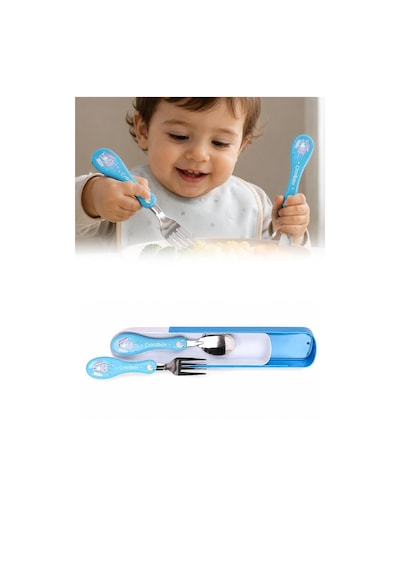 Çocuk Mama Kaşığı Çatal Seti Silikon Saplı Figürlü Metal Uçlu Bebek Yemek Seti Mavi