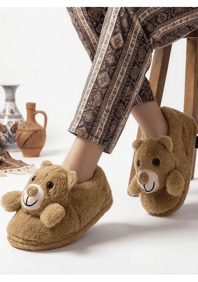 Altın Pabuç Kadın Hayvanlı Panduf Sıcak Tutan Peluşlu Rahat Yumuşak Kışlık Ayıcıklı Ev Terliği Pandifi Ve Botu Taba