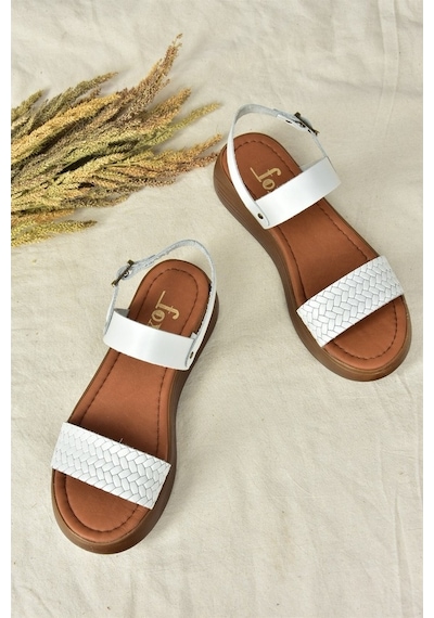 Fox Shoes Beyaz Hakiki Deri Örgü Modelli Günlük Kadın Sandalet