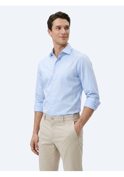 Kip Açık Mavi Çizgili Regular Fit Uzun Dokuma Casual Pamuk Karışımlı Gömlek