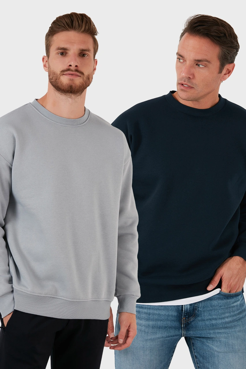 Buratti Regular Fit Bisiklet Yaka Şardonlu 2'Li Paket Erkek Sweat 5905255S2 Açık Gri-Koyu Lacivert