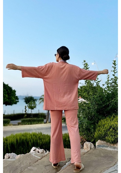 İpli Somon Renk Cep Detaylı Bol Paça Kimono Takım Somon