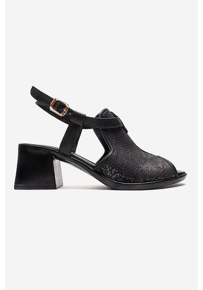 Luvishoes Janelle Siyah Simli Hakiki Deri Kadın Kalın Topuklu Sandalet