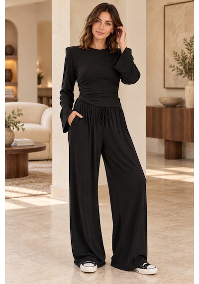 Genel Markalar Kadın Siyah Uzun Kollu Bel Bağlama Detaylı Geniş Paça Triko İkili Takım