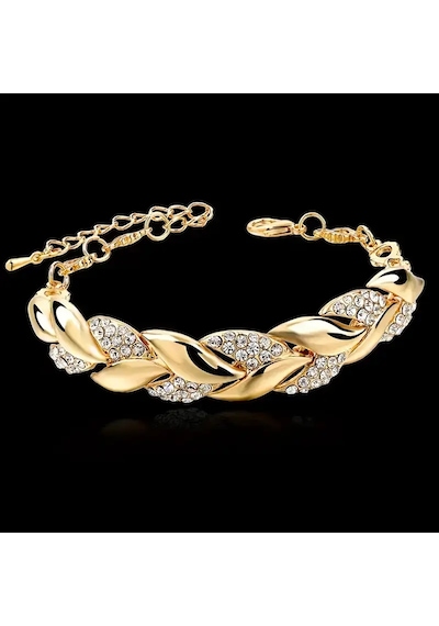 Gold Renk Yaprak Desenli Çelik Bileklik - Zirkon Taşlı, Ayarlanabilir Zincir, Şık Ve Zarif Tasarım Gold
