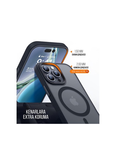 İphone 13 Pro İçin Kılıf Kamera Korumalı Magsafe İle Uyumlu Kablosuz Şarj Özellikli Mat Şeffaf Renkli Telefon Kılıfı Siyah