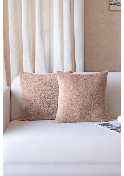 İskandinav Bohem 2'li Kırlent Kılıfı Modern Dekoratif Salon Koltuk Yastık Kılıfı 55x55 cm Teddy Puffy Bej