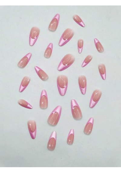 Pembe French Simli Badem Takma Tırnak Seti 24 Adet