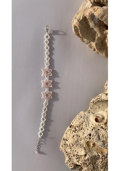 Beyaz Ve Toz Pembe Renkli Yıldız Desenli Miyoki Boncuk Bileklik Beyaz - Pembe