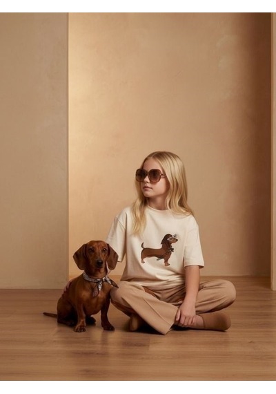 Zekids Kız Çocuk Köpek Baskılı Taş Detaylı Tasarım T-shirt-17187 Krem