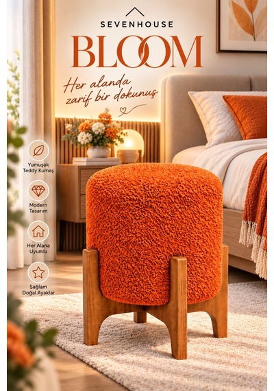 Bloom Çok Amaçlı Dekoratif Puf Ahşap Ayaklı Teddy Kumaş Kaplı Silindir Makyaj Pufu Turuncu
