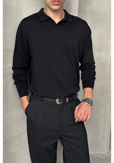 Erkek Pamuklu Polo Yaka Oversize Triko Kazak Siyah