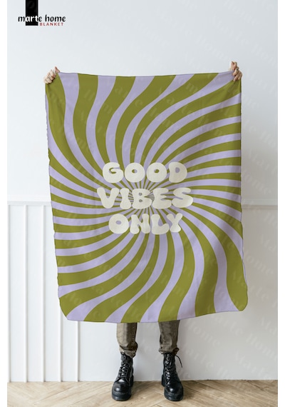 Good Vıbes Only Polar Tv Battaniyesi 100x170 Cm Tek Taraf Baskılı Yeşil Lila - Yeşil