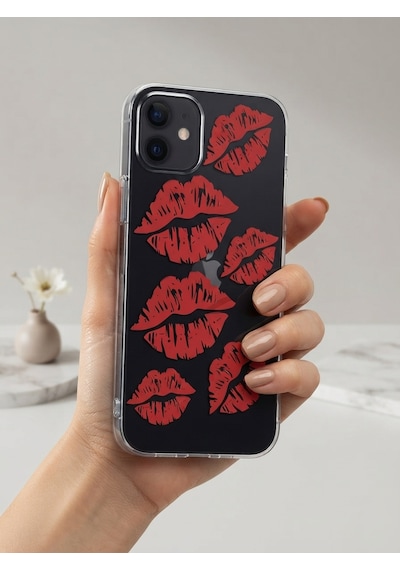 Apple iPhone  Uyumlu,  12 Kırmızı Dudak / Öpücük Desenli Şeffaf Telefon Kılıfı