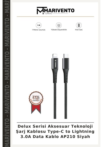 Delux Serisi Aksesuar Teknoloji Şarj Kablosu Type-c To Lightning 3.0a Data Kablo Ap210 Siyah