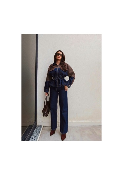 Brtc Design Kadın Kahverengi Çift Renk Denim Kuşaklı İkili Takım
