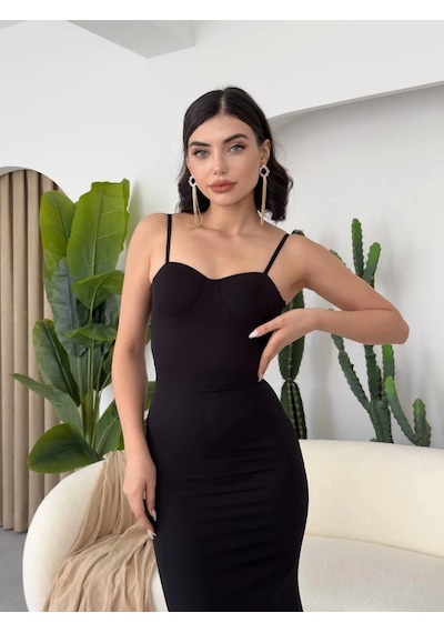 Defymoda Dominic Eteği Büzgülü Midi Boy Elbise Siyah