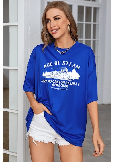 Unisex Age Of Steam Baskılı Tasarım Tshirt Mavi