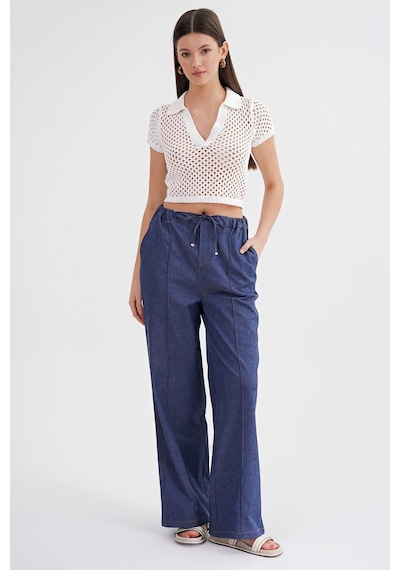 Mixray 4679 Kadın Beli Lastikli Bağlamalı Denim Pantolon İndigo