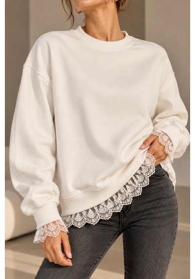 Bb Butik Basic Dantel Detaylı 3 İplik Şardonlu Kadın Sweatshirt My3535 beyaz