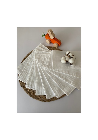 10'lu Müslin Bebek Ağız Mendili %100 Pamuk Beyaz Renk 25x25 Cm Beyaz Beyaz