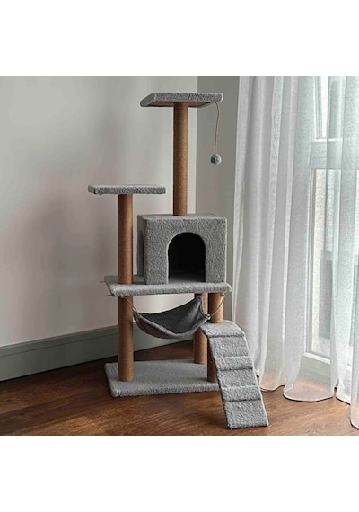 Reyo Pet B-07 Hamaklı Yuvalı Lüx Kedi Tırmalama Oyun Evi Gri