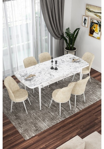 Canisa Concept Kor Serisi 70x114 Açılabilir Mutfak Masası Takımı Beyaz Mermer Desen Masa 6 Krem Sandalye Masa Beyaz Mermer Desen Sandalyeler Krem Canisa Concept Kor Serisi 70x114 Açılabilir Mutfak Masası Takımı Beyaz Mermer Desen Masa 6 Krem Sandalye Masa Beyaz Mermer Desen Sandalyeler Krem