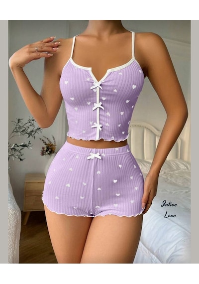 Intive Comfort Kalp Desenli V Yaka İnce Askılı Mini Şortlu Büstiy Lila