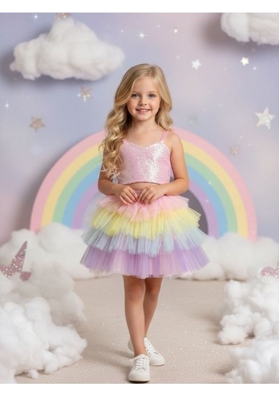 Zekids Kız Çocuk Pullu Crop Tütülü İkili Abiye Takım-17121 Çok Renkli
