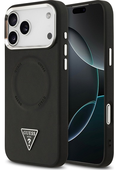 Apple Uyumlu iPhone 17 Pro Kılıf Guess Lisanslı M-safeli Pu Deri Metal Kamera Çerçeveli Üçgen Logolu Siyah Siyah