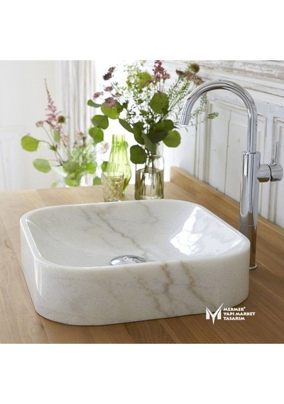 Afyon Beyaz Mermer Oval Dizayn Kare Lavabo