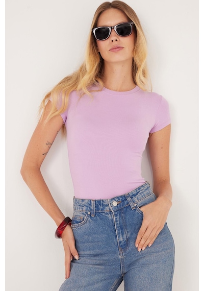 Tudors Kadın Slim Fit Dar Kesim Bisiklet Yaka Viskon Kumaş Ultra Soft Lila Tişört-34855 Lila