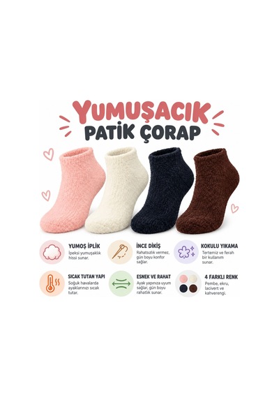 Womanandkids Wak Kadın Yumoş Patik Çorap 4'lü Set Peluş Sıcak Tutan Kışlık Ev Çorabı Yumuşak Rahat 4 Renk Hediye Seti Çok  Renkli