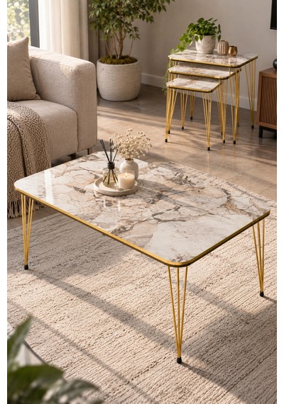 Sulorahome 4'lü Sehpa Seti Mermer Desenli Beyaz Ve Gold Metal Ayaklı Tablalar Beyaz Mermer / Ayaklar Gold