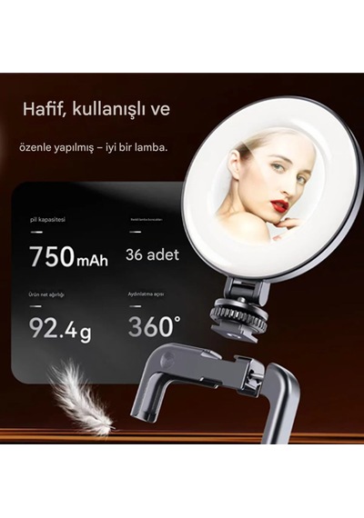 Şarjlı Aynalı Selfie Video Kamera Işık Tripod Uyumlu Dimmer 3 Renk Çekim Işığı Telefon Kamera Uyumlu