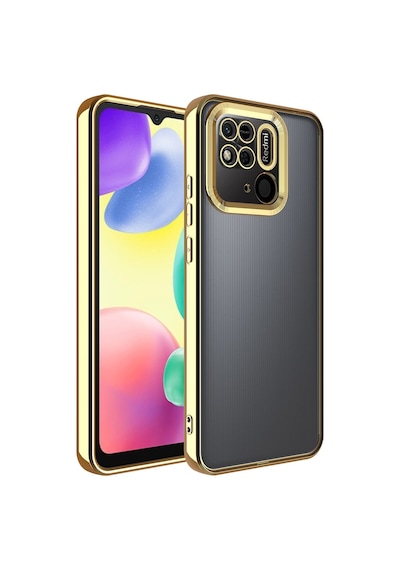 Fibaks Redmi 10c/poco C40 Uyumlu Kılıf Kamera Lens Korumalı Şeffaf Renkli Logo Gösteren Parlak Kapak Gold