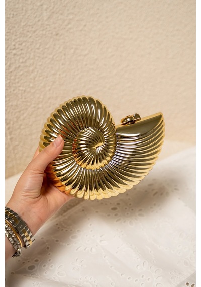 Laminta Salyangoz Detaylı Abiye Çanta - Gold Gold