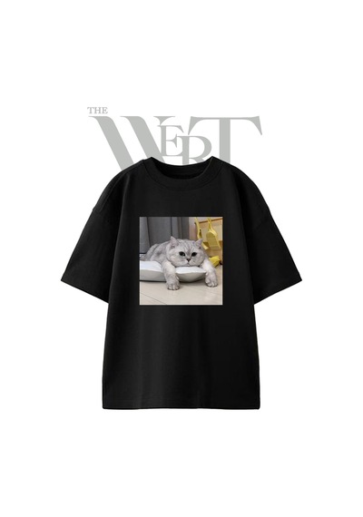 Thewert Silver British Shorthair Tasarım Baskılı Ünisex Siyah Oversize T-shirt